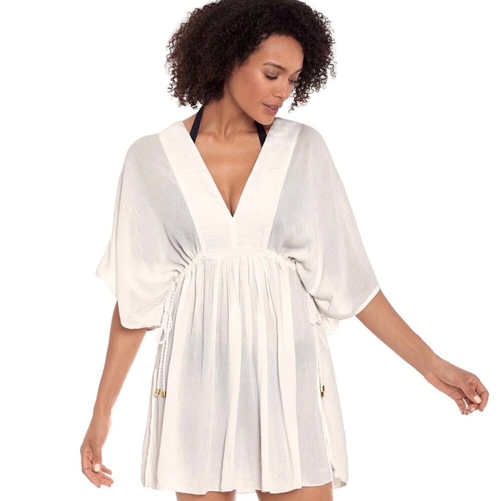 Lauren Ralph Lauren White Crinkle V-Neck Swim Cover Up Tunic Dress Women's L NWT